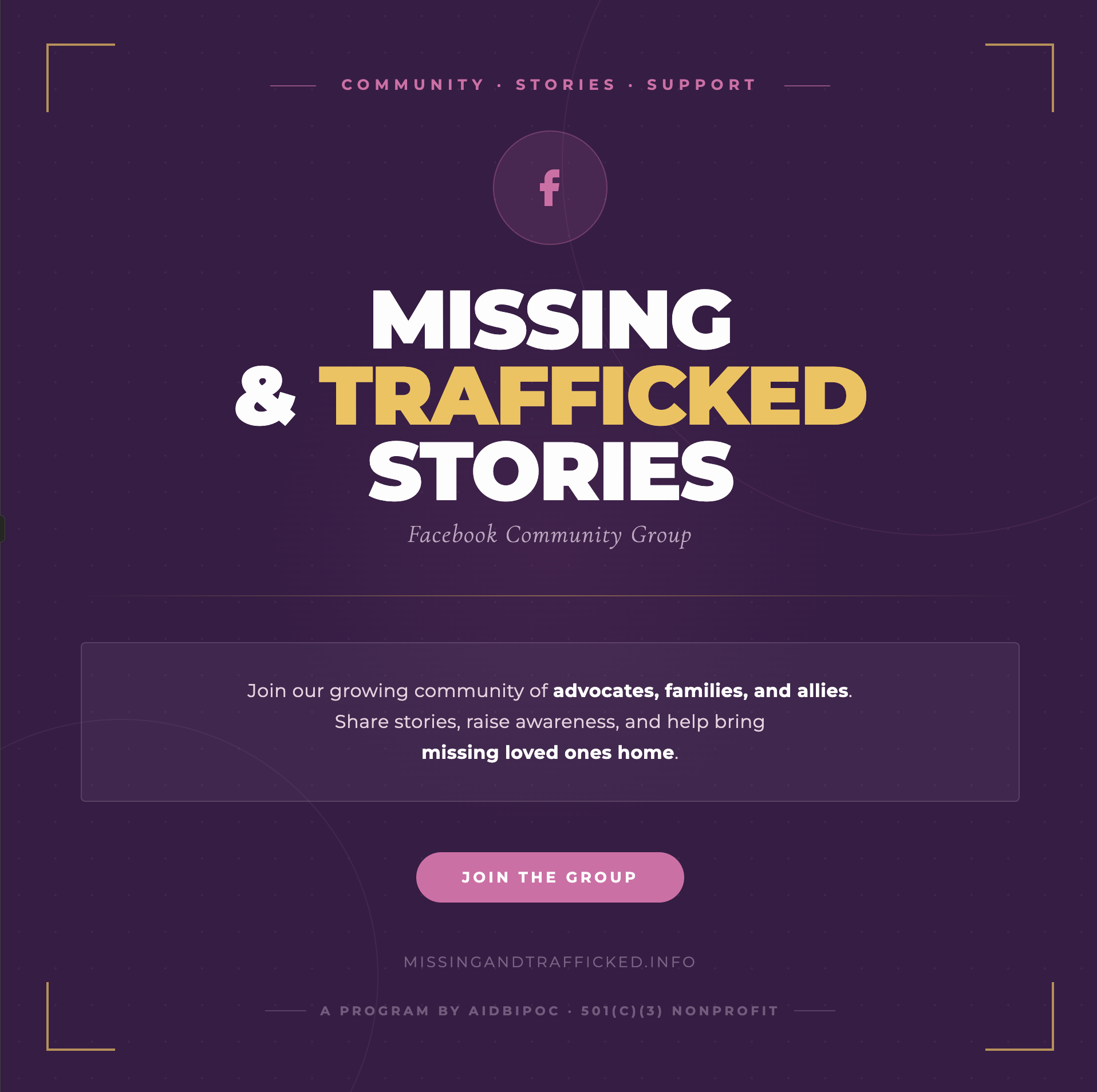 Facebook Group Card Facebook Group Card by AIDBIPOC Missing & Trafficked Stories